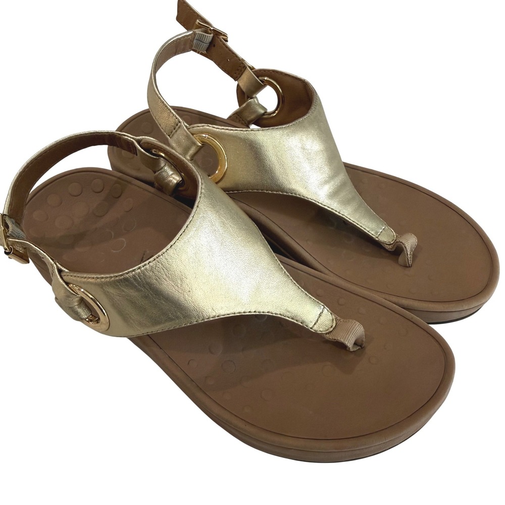 Vionic Jolie Metallic Gold Leather Backstrap Thong Wedge Sandals Womens 6 Summer